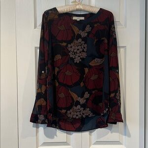 LOFT Burgundy Floral Long-Sleeve Blouse